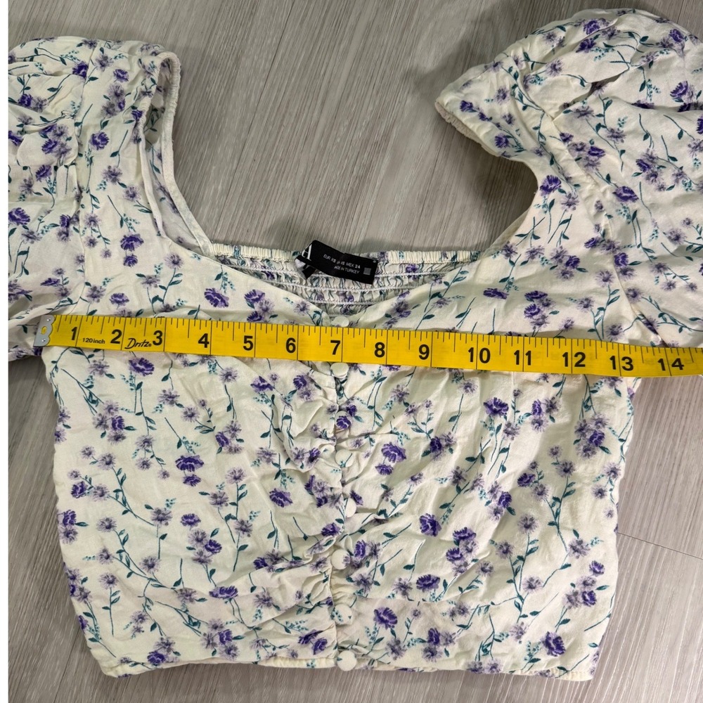 Zara Purple Floral Square Neck Crop Top Long Sleeve Smocked Back XS - Picture 4 of 10